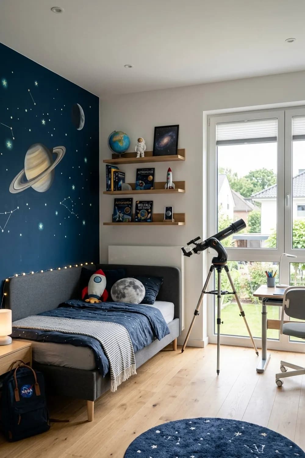Weltraum-Mission Control: Dunkelblaue Sternenhimmel-Wand, schwebende Regale und ein Teleskop – Zimmer für Jungs einrichten: 8 schöne Ideen