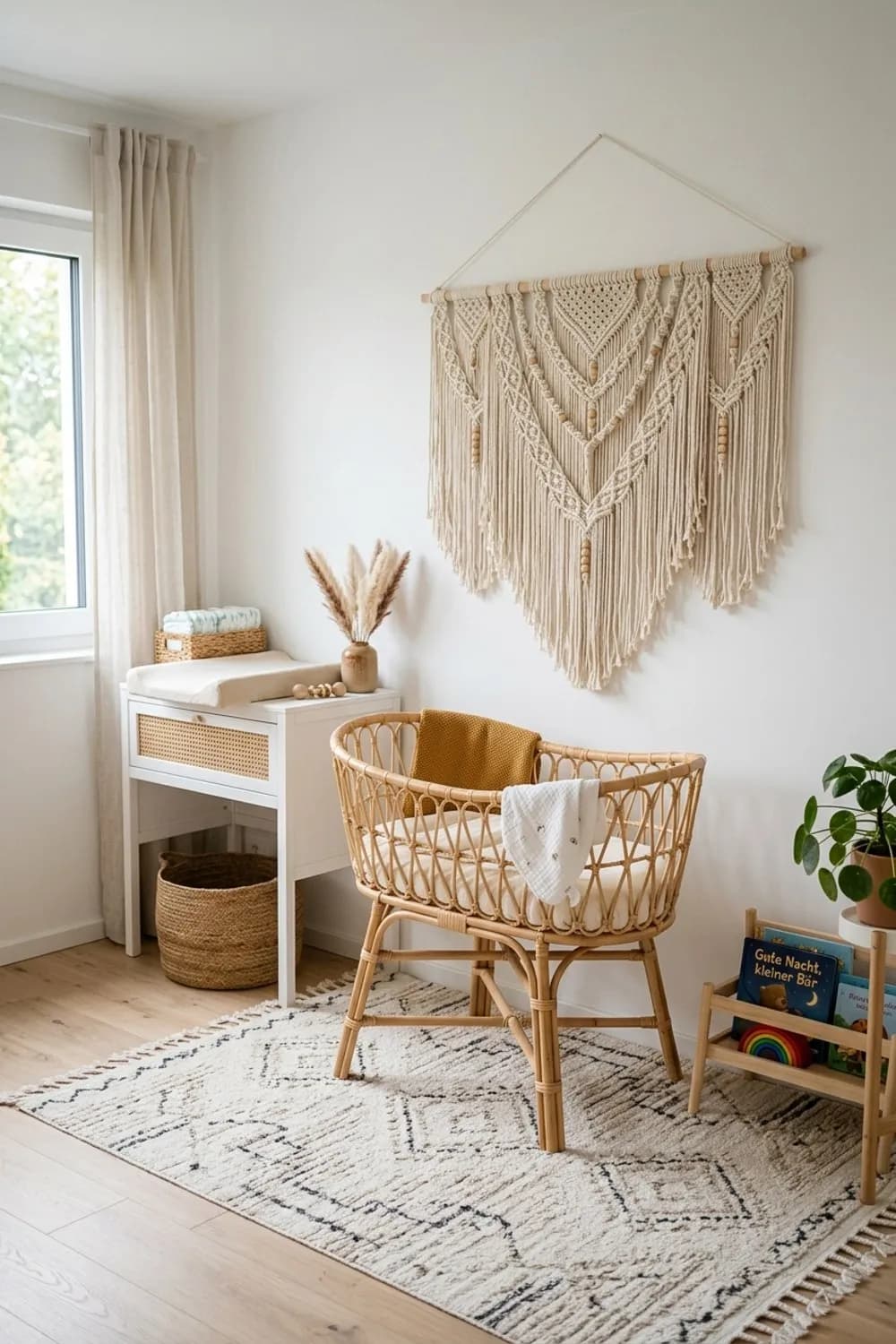 Boho-Chic: Rattan-Wiege, ein Makramee-Wandbehang und ein Teppich mit Ethno-Muster – Zimmer für Neugeborene einrichten: 10 schöne Ideen