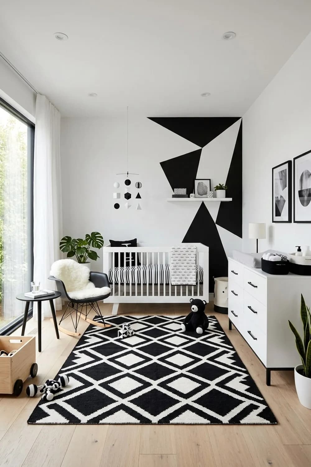 Grafische Kontraste: Schwarz-weißer Teppich, geometrische Muster an der Wand und Möbel mit klaren Kanten – Zimmer für Neugeborene einrichten: 10 schöne Ideen