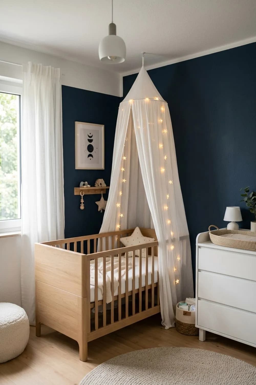 Himmel über dem Bettchen: Baldachin über dem Babybett, eine Sternen-Lichterkette und ein dunkelblauer Akzent – Zimmer für Neugeborene einrichten: 10 schöne Ideen