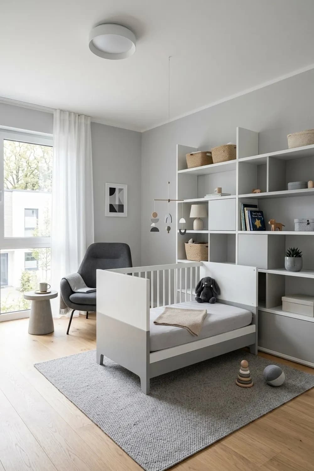 Moderner Minimalismus: Umbaubares Babybett, ein multifunktionales Regalsystem und graue Akzente – Zimmer für Neugeborene einrichten: 10 schöne Ideen