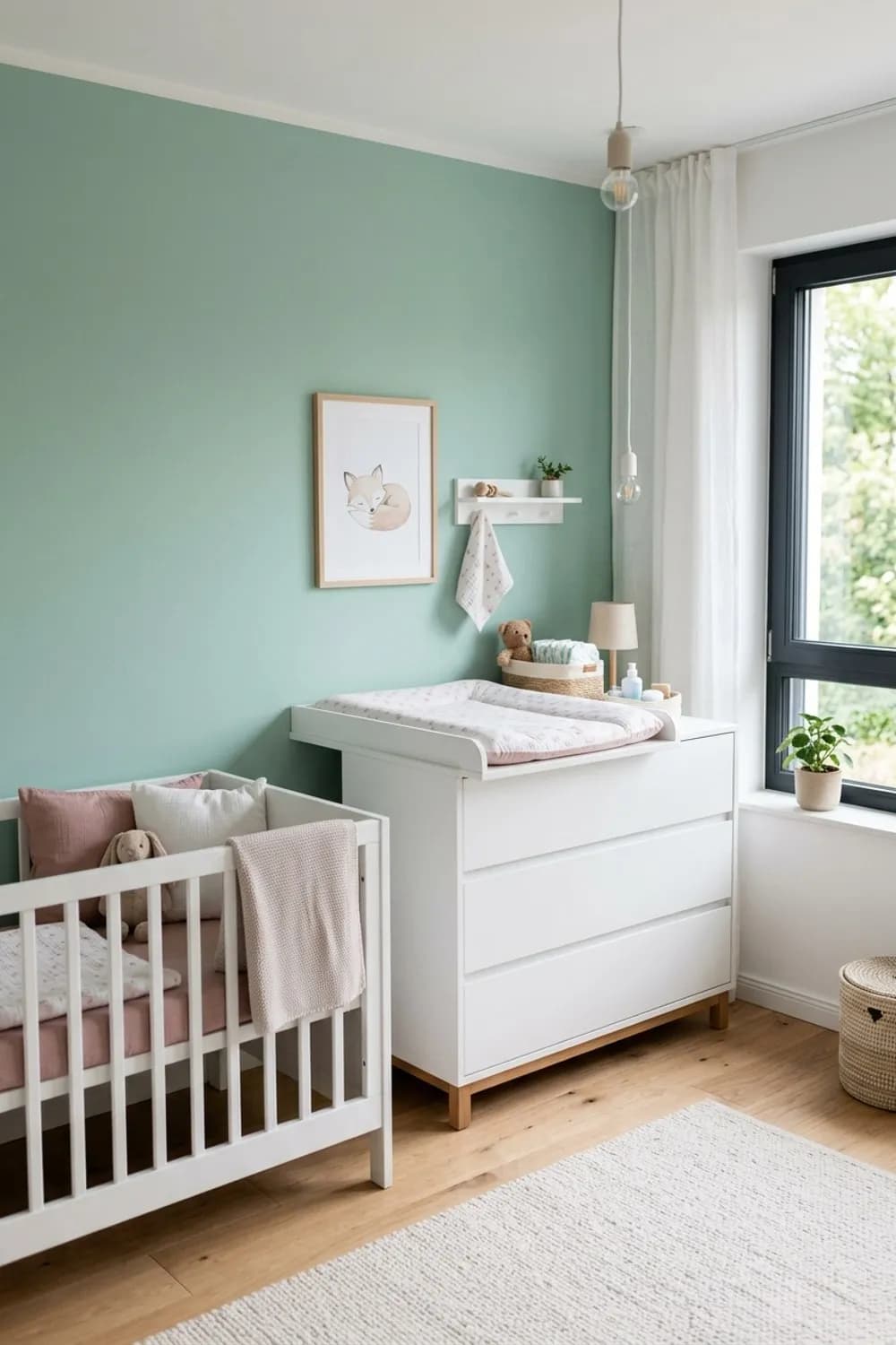 Pastellfarbene Oase: Mintgrüne Wand, eine weiße Wickelkommode und Textilien in Rosé – Zimmer für Neugeborene einrichten: 10 schöne Ideen