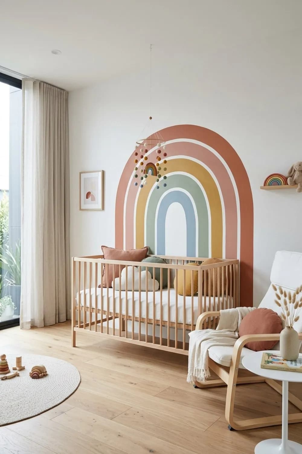Sanfter Regenbogen: Wandmalerei in Bogenform, bunte Kissen und ein Mobile aus Filzkugeln – Zimmer für Neugeborene einrichten: 10 schöne Ideen