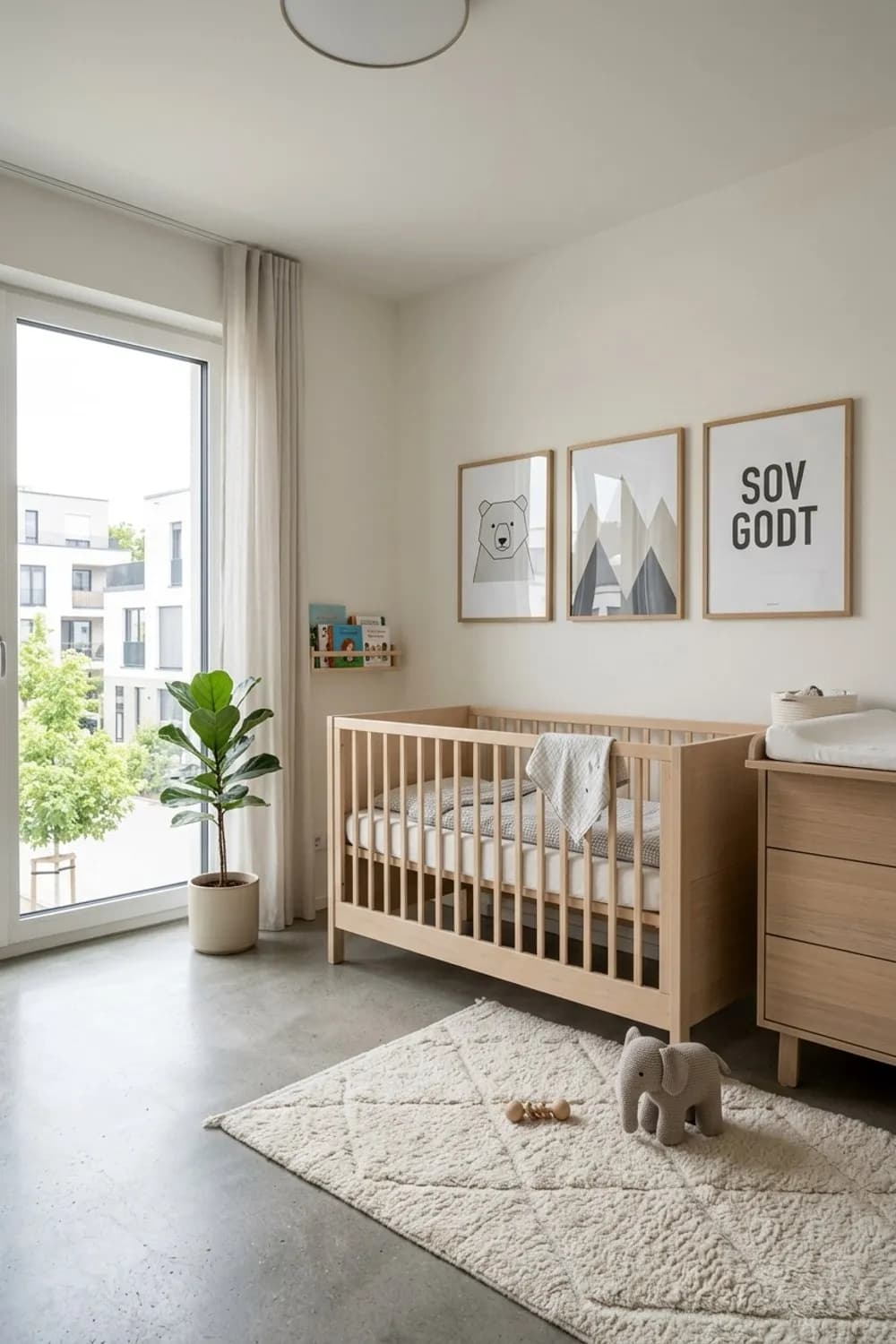 Skandi-Traum: Helles Gitterbett aus Holz, ein weicher Wollteppich und grafische Poster – Zimmer für Neugeborene einrichten: 10 schöne Ideen