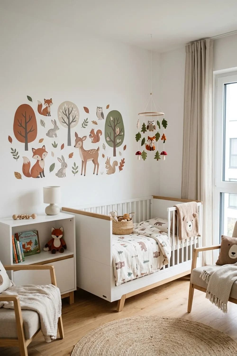 Waldtiere-Abenteuer: Wandtattoo mit Füchsen, ein Mobile mit Eulen und Bettwäsche mit Bären-Motiven – Zimmer für Neugeborene einrichten: 10 schöne Ideen